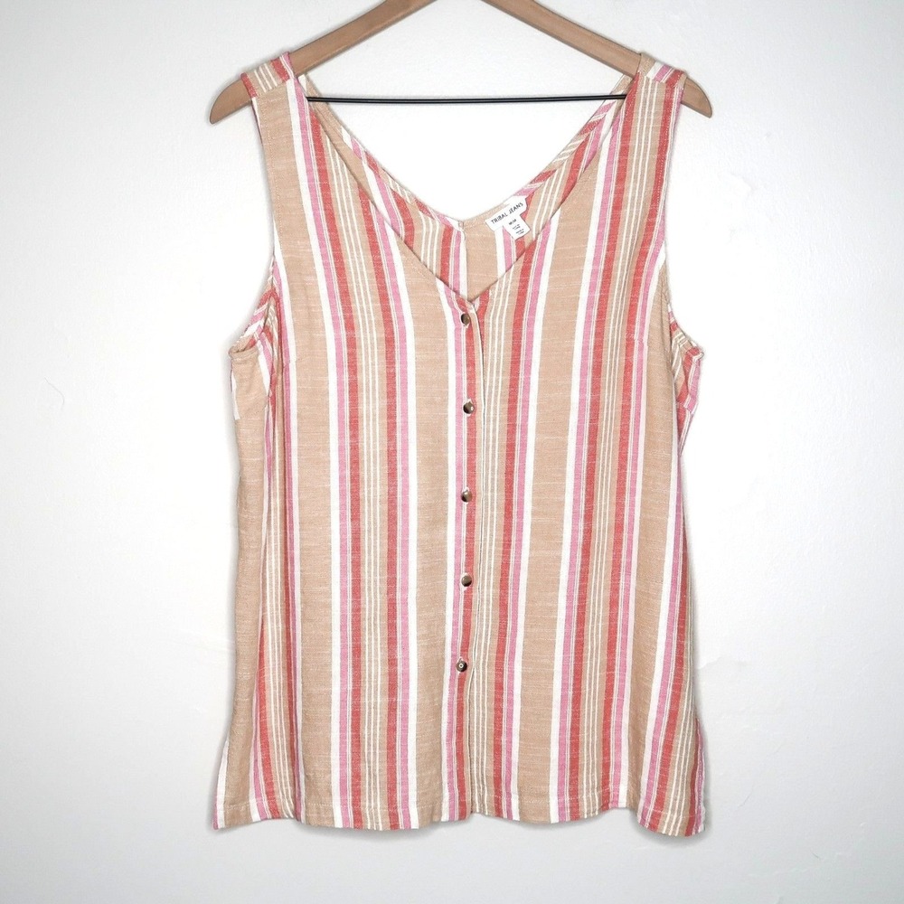 Tribal Jeans Womens Linen Top Medium Pink Beige Stripe Button Up Western Boho